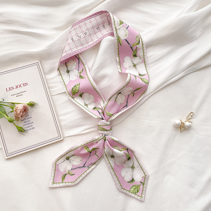 Silk Neck Scarf - 韓国シルクサテンロングスカーフ レディース クリーンダブルフラワープリント レトロレディーススカーフ ネック スカーフ
