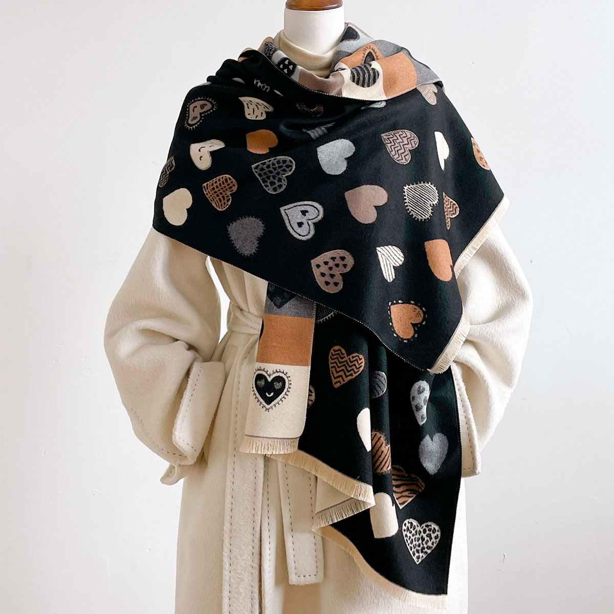 Pashmina Wrap Large - 女性用イミテーションカシミヤスカーフ フリンジ付き 厚手 暖かいショール リバーシブル 冬用