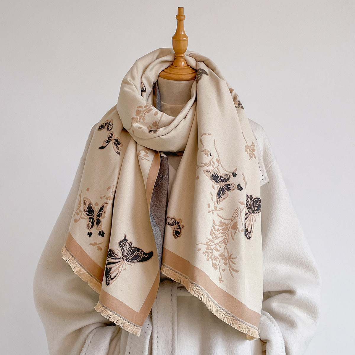 女性用イミテーションカシミヤスカーフ フリンジ付き 厚手 暖 - Pashmina Wrap Large のレビューと価格