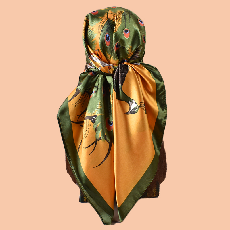 1PC レディース大正方形スカーフ孔雀プリントファッションカ - Scarf Silk Square のレビューと価格